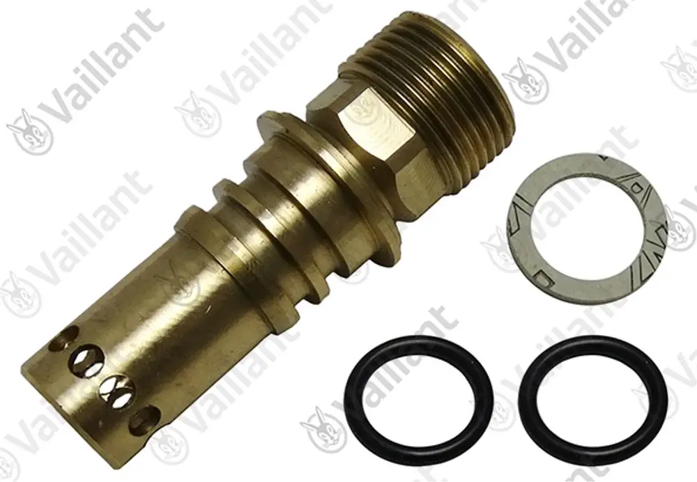 Vaillant Anschlussstück aus Messing mit zwei O-Ringen und einer Dichtungsscheibe, geeignet für Rohrverbindungen in Heizungsanlagen.
